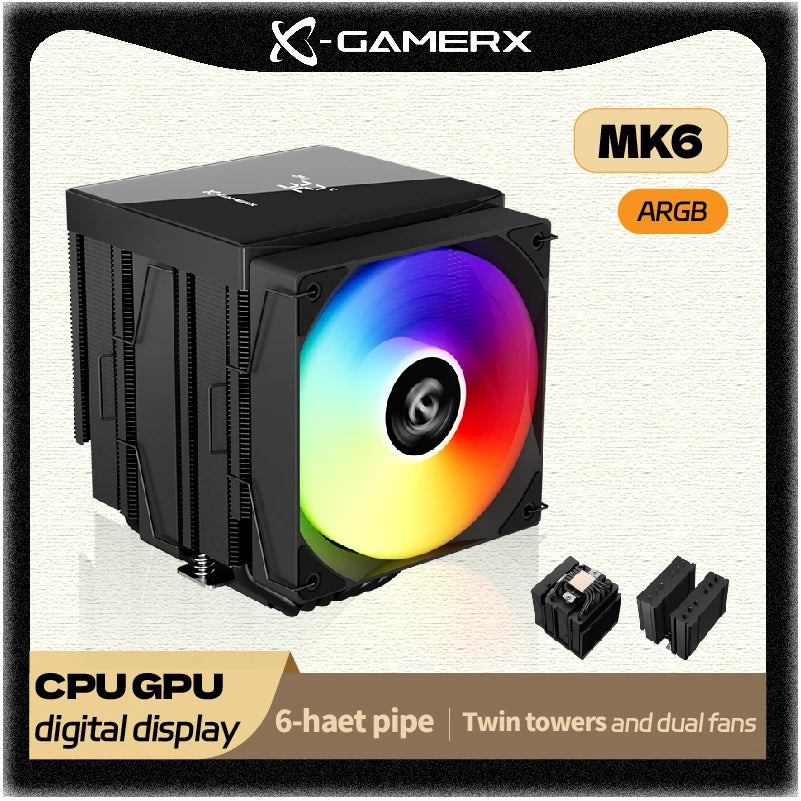 Power Train X-GAMERX MK6 Dual Tower CPU Cooler ARGB digital display six Heat Air Cooling For LGA1700 115X AM5