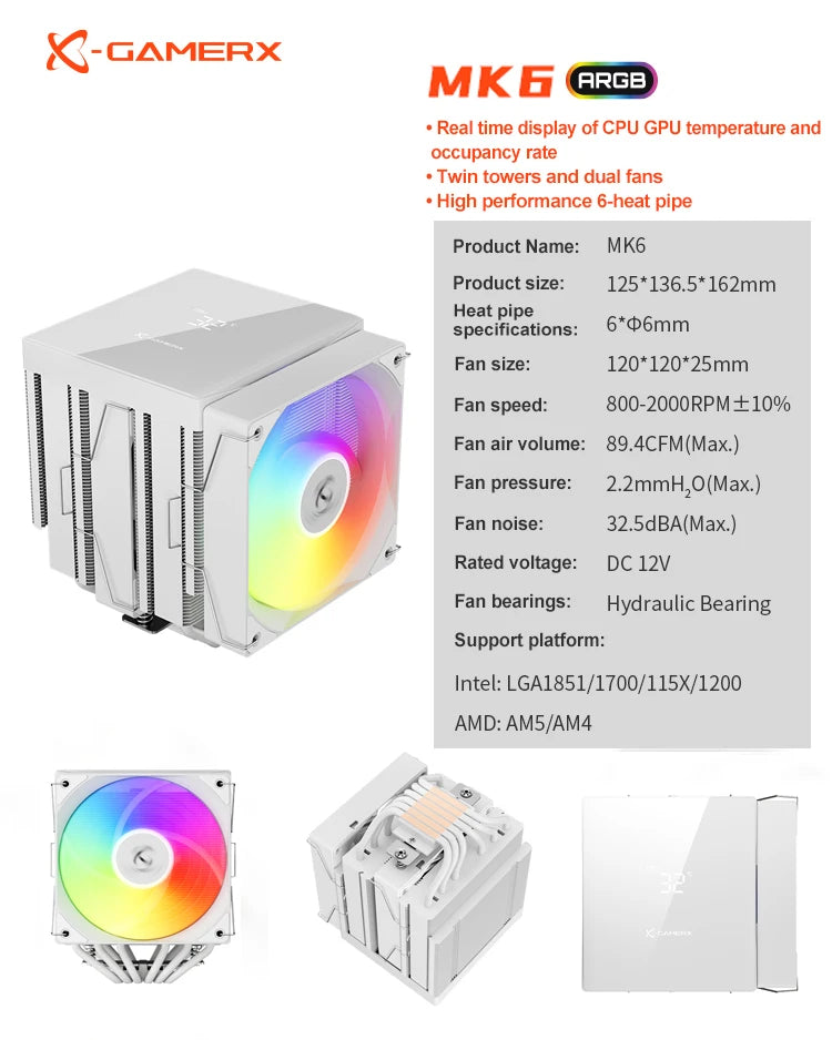 Power Train X-GAMERX MK6 Dual Tower CPU Cooler ARGB digital display six Heat Air Cooling For LGA1700 115X AM5