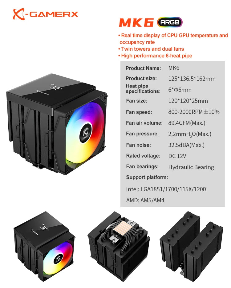 Power Train X-GAMERX MK6 Dual Tower CPU Cooler ARGB digital display six Heat Air Cooling For LGA1700 115X AM5