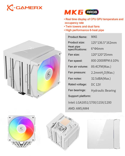 Power Train X-GAMERX MK6 Dual Tower CPU Cooler ARGB digital display six Heat  Air Cooling For LGA1700 115X AM5