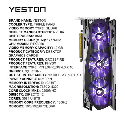 Used NVIDIA Graphics Card Geforce RTX 3060 12G placa de video 3060 GDDR6 192bit Video Card RGB Computer Desktop GPU RTX